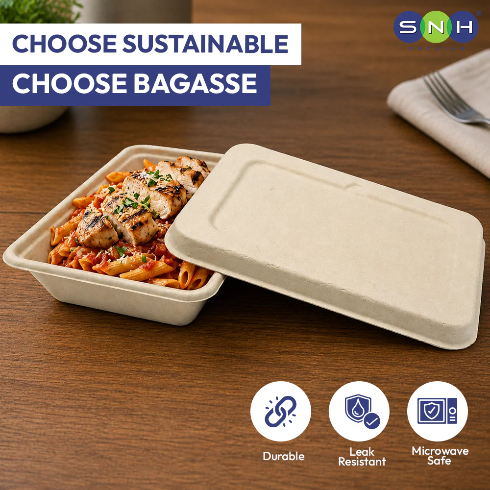 Bagasse Rectangular Food Containers UAE - With Bagasse Lid - Image 3