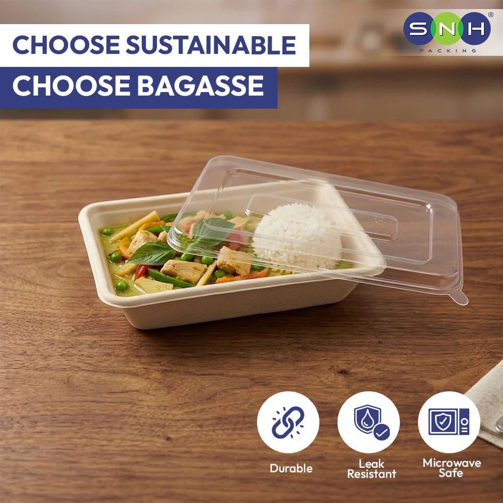Bagasse Rectangular Food Containers UAE - With PET Lid - Image 3