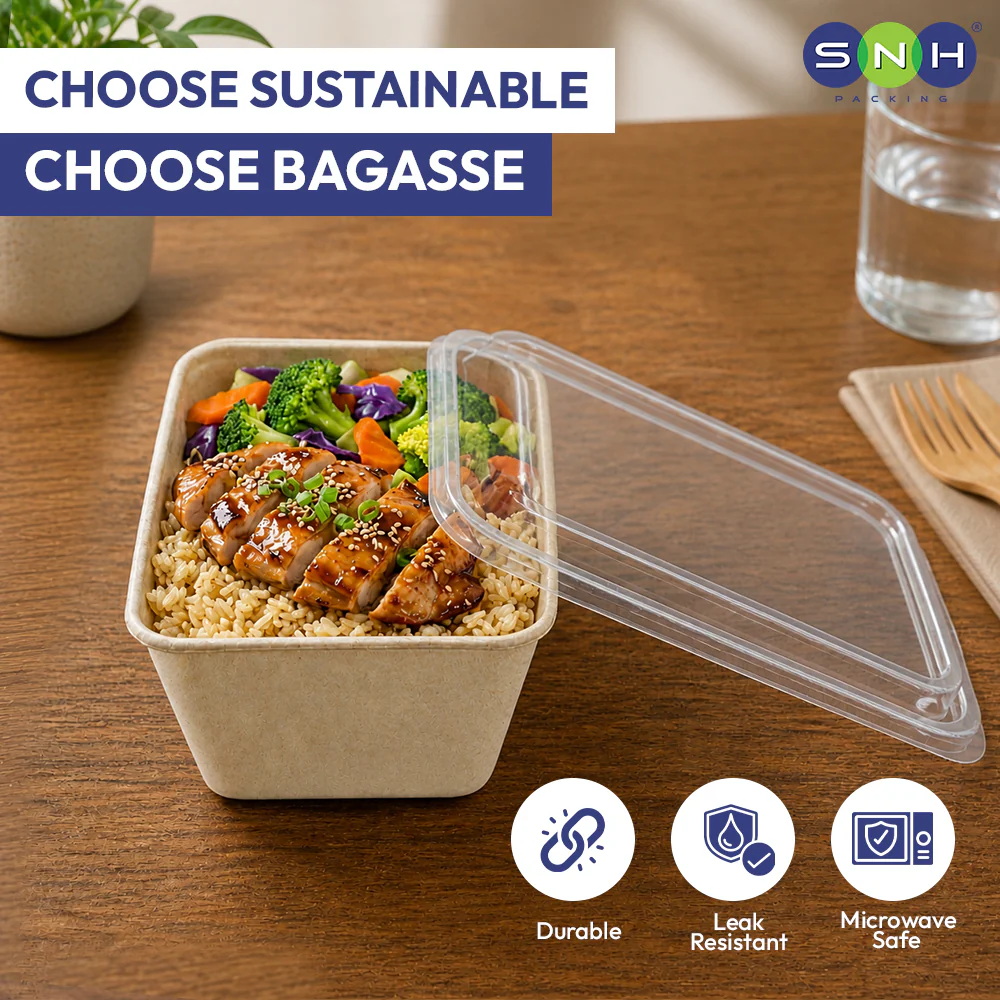 Bagasse Rectangular Food Containers - with Pet Lid - Image 10