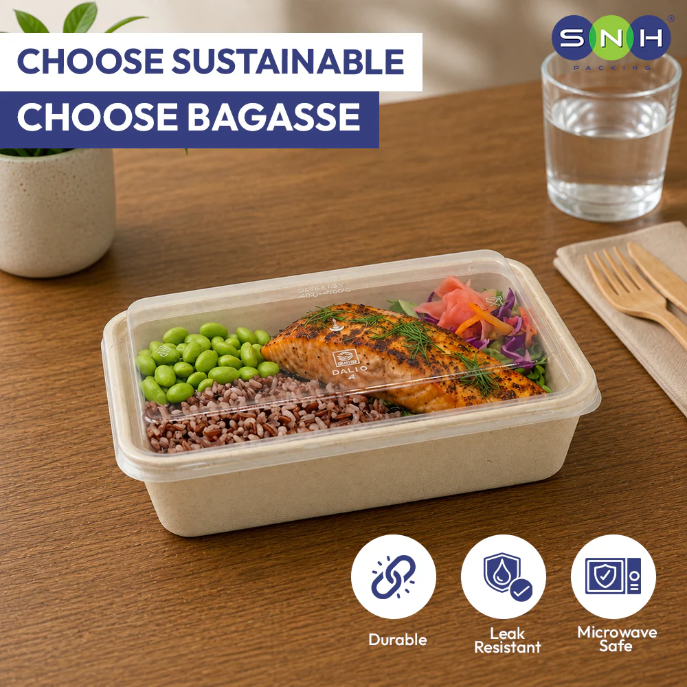 Bagasse Rectangular Food Containers - with Pet Lid - Image 5