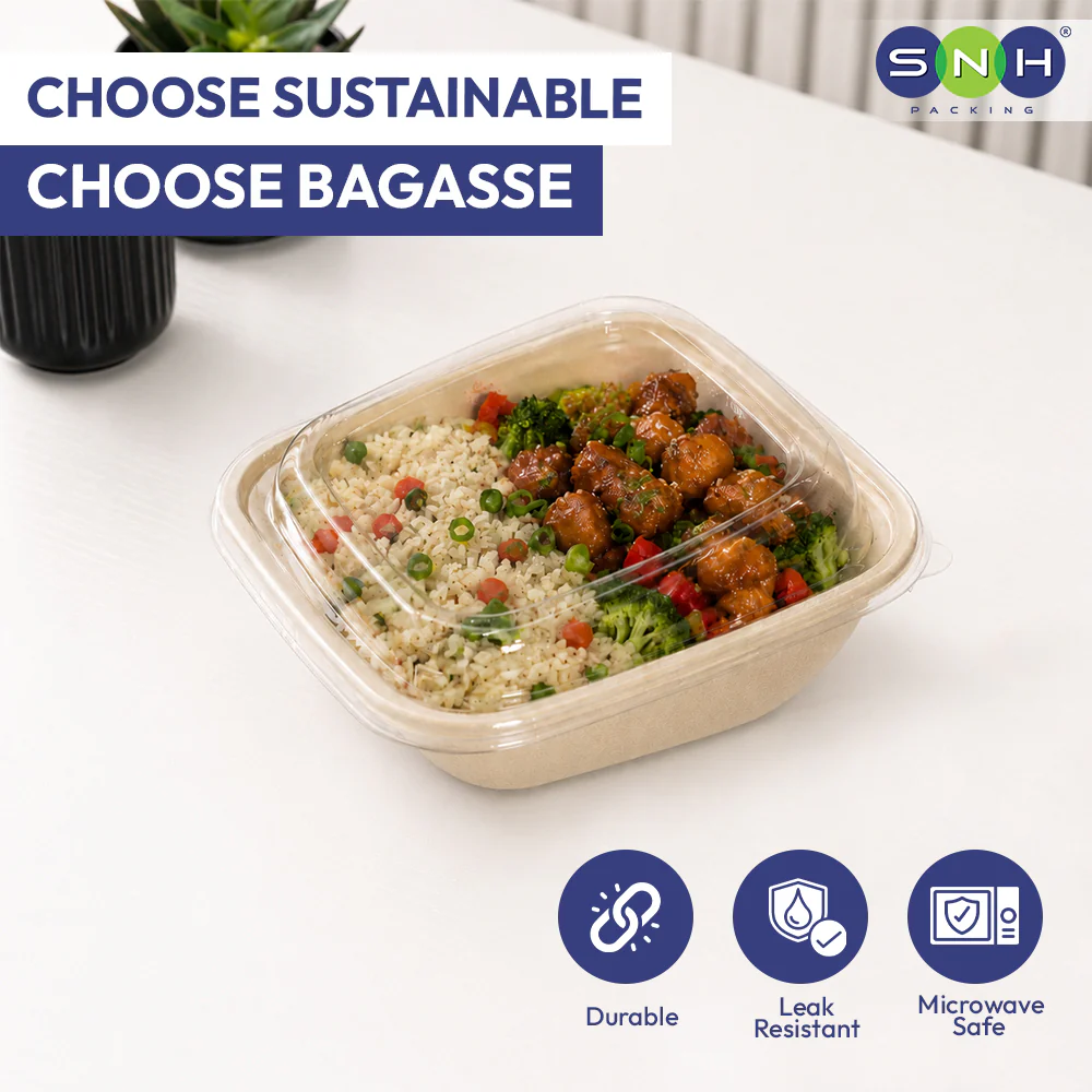 Bagasse Slope Bowls with PET Lids  Eco Friendly Takeaway Bowls - Image 3