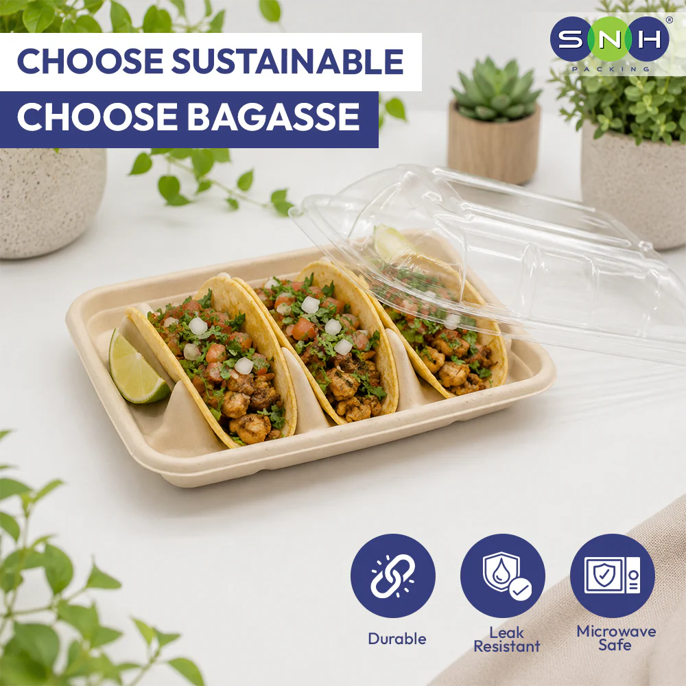 Bagasse Tacos Tray with PET Lid | Eco Friendly Food Packaging - Image 3