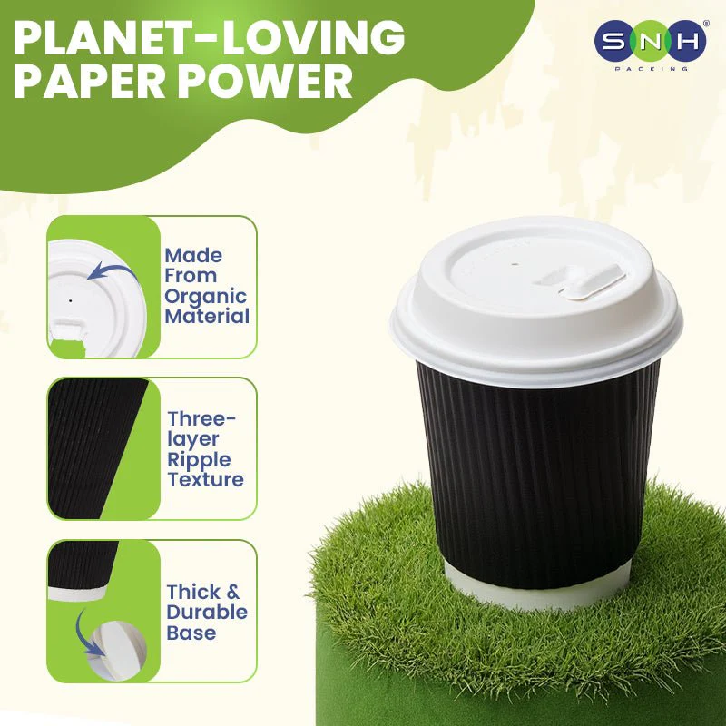Black Ripple Wall Paper Cup with Bagasse Lid - Image 2