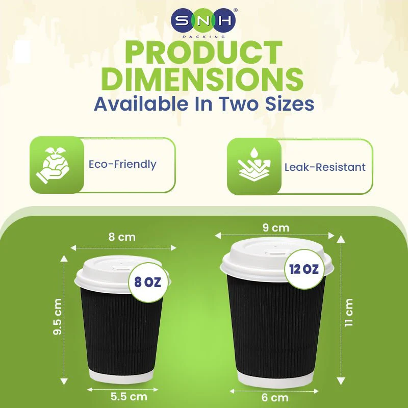 Black Ripple Wall Paper Cup with Bagasse Lid - Image 4
