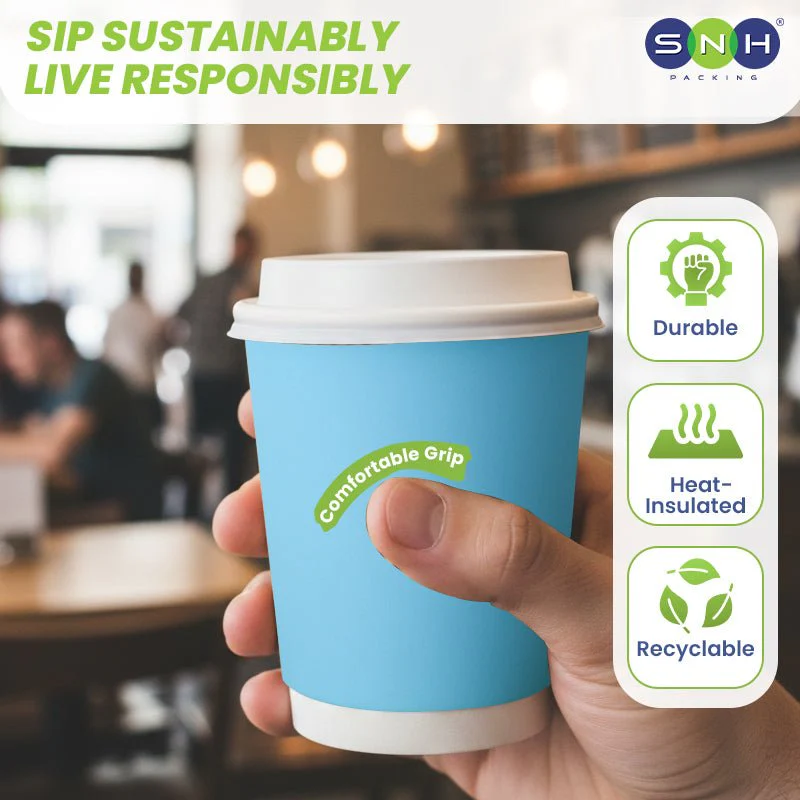 Blue Double Wall Paper Cups with Bagasse Lids - Image 4