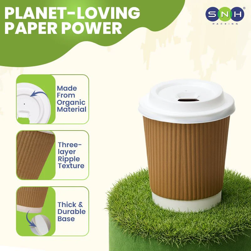 Brown Ripple Wall Paper Cup with Bagasse Lid - Image 2