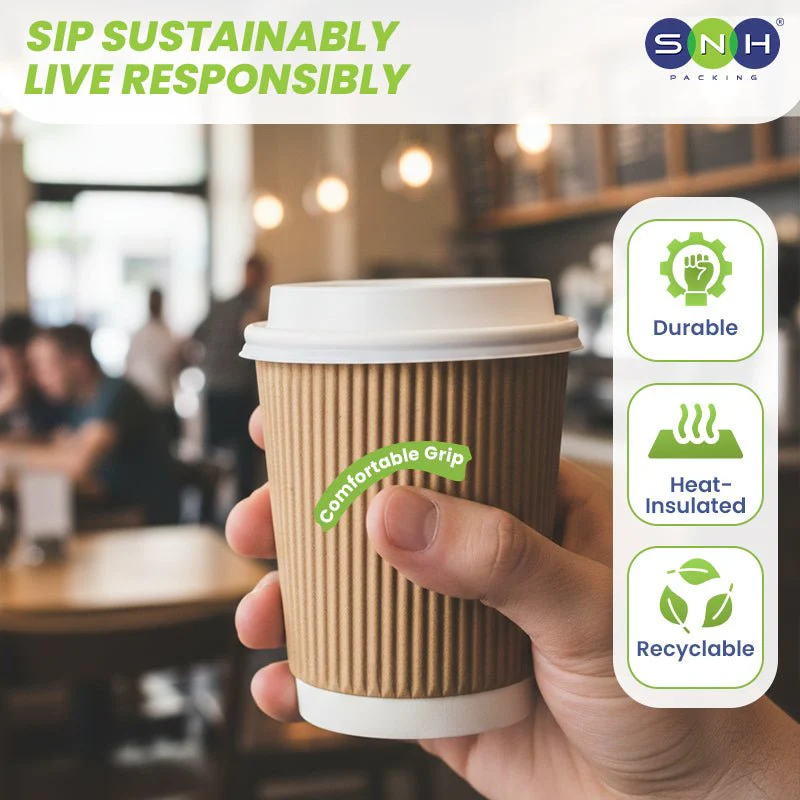 Brown Ripple Wall Paper Cup with Bagasse Lid - Image 6