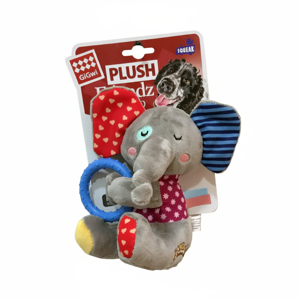 GIGWI Elephant Plush Friendz with Squeaker & TPR Ring