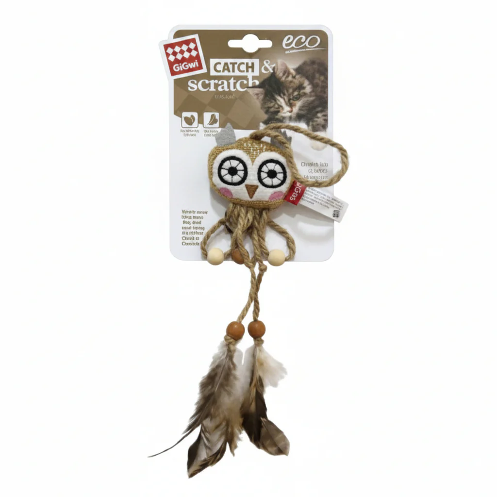 GIGWI Owl Catch & Scratch Eco line with Slivervine Leaves and Natural Feather