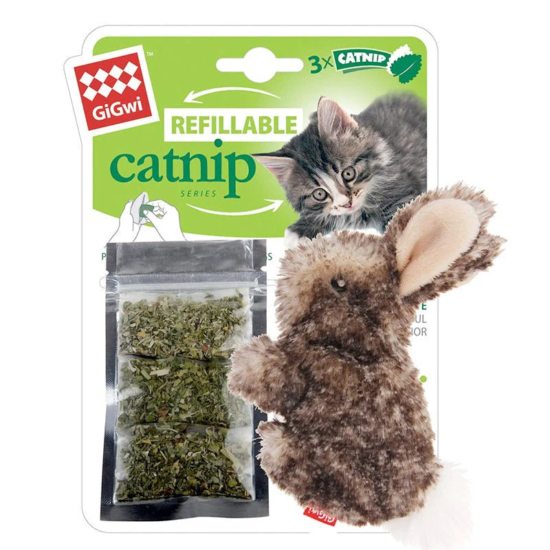 Gigwi Rabbit Fluffy Plush Cat Toy with 3 Refillable Catnip Bags