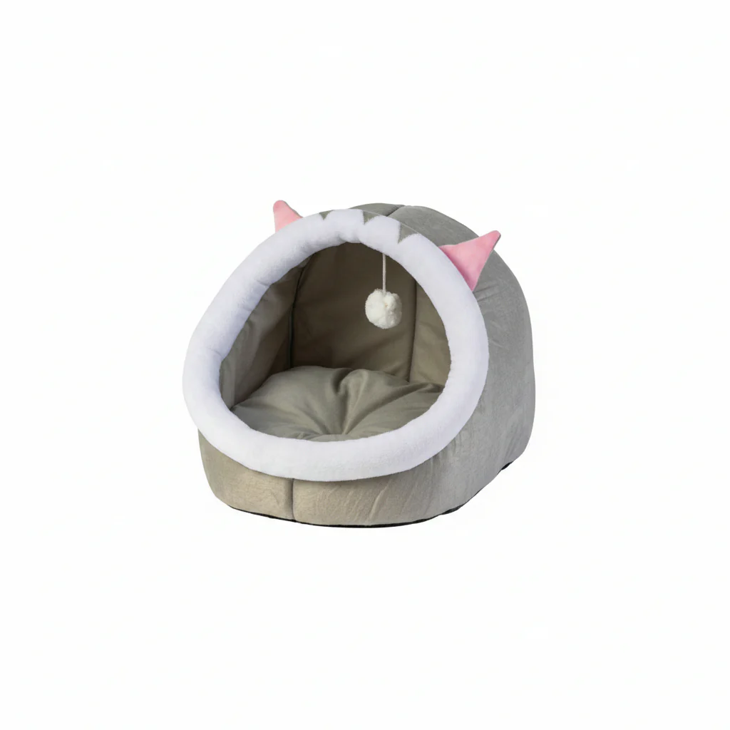 Grizzly Cat Cave Grey Plush + Cotton Grey Cat Bed - Large 45 x 45 x 40cm