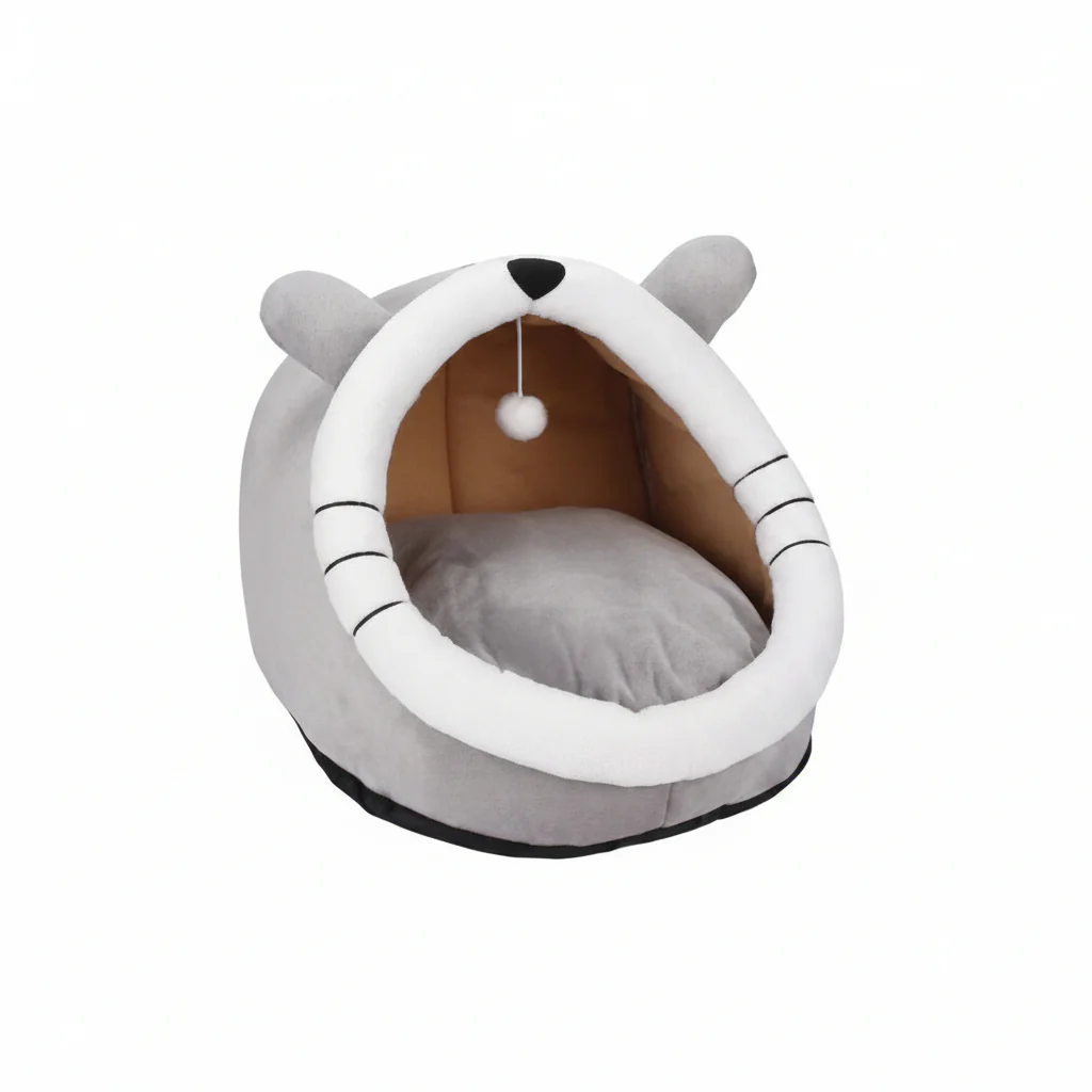 Grizzly Hungry Cat Cave Grey Plush + Cotton Grey Cat Bed - Large 45 x 45 x40cm
