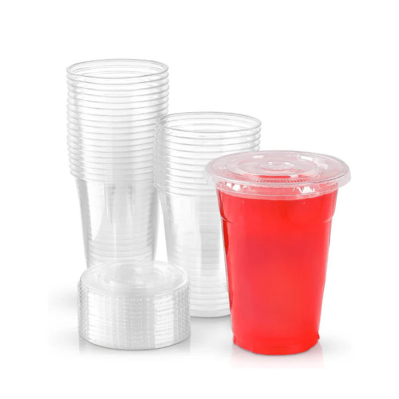 PET Juice Cups with Flat & Dome Lids Clear Plastic Cups