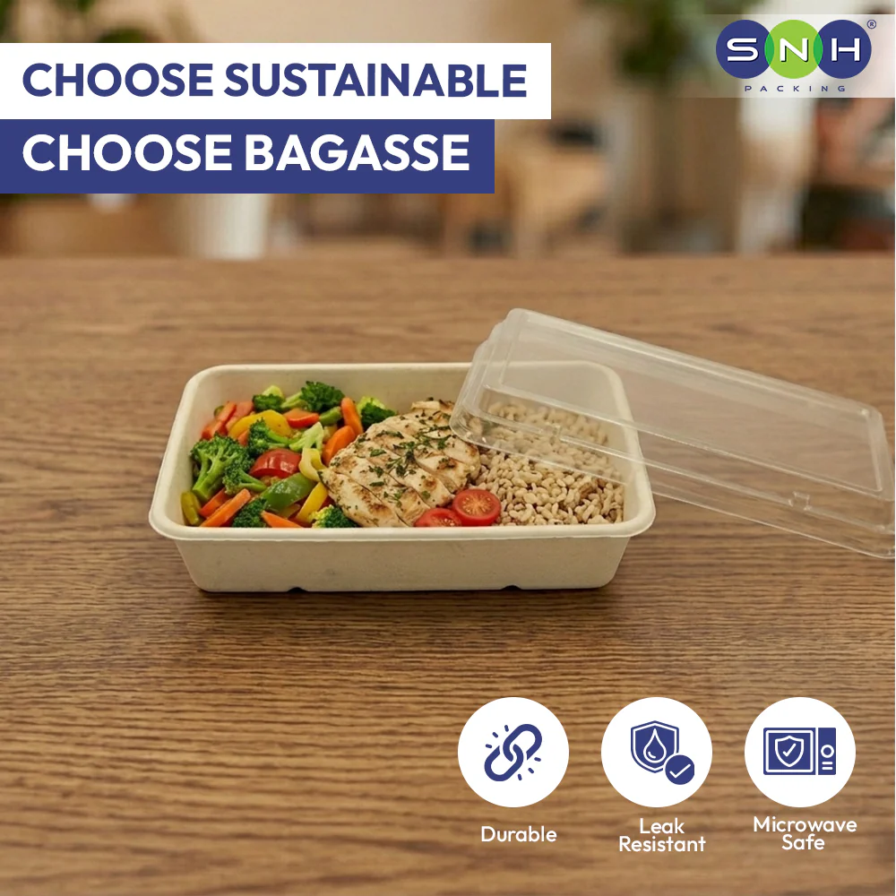 Rectangular Bagasse Tray UAE - with PET Lid - Image 3