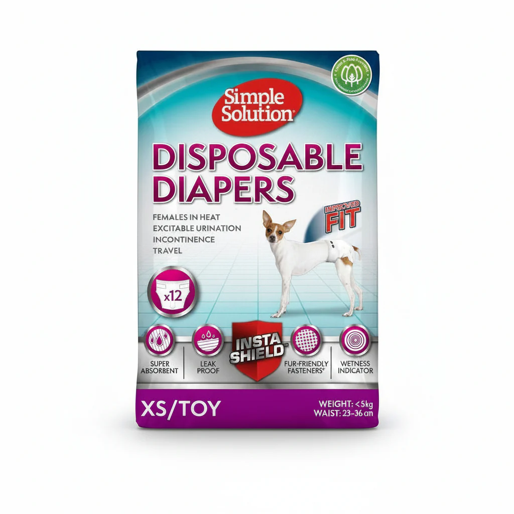 Simple Solution Improved Fit Disposable Female Dog Diapers, White, X-Small, Pack of 1 (12 Pieces)