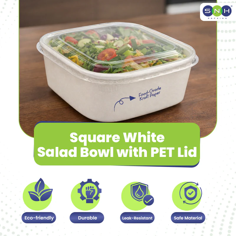 Square White Salad Bowl with Clear PET Lid - Image 11