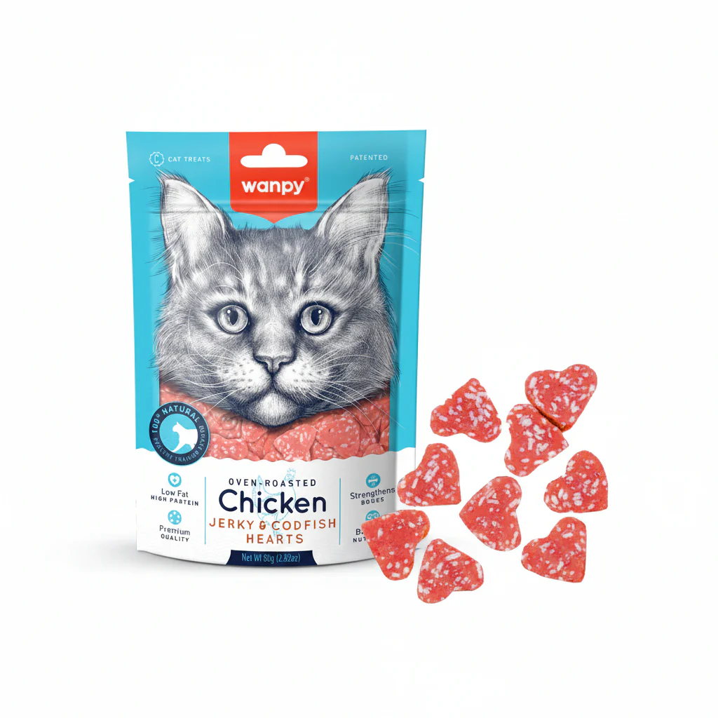 Wanpy Chicken Jerky & Codfish Hearts for Cats 80g