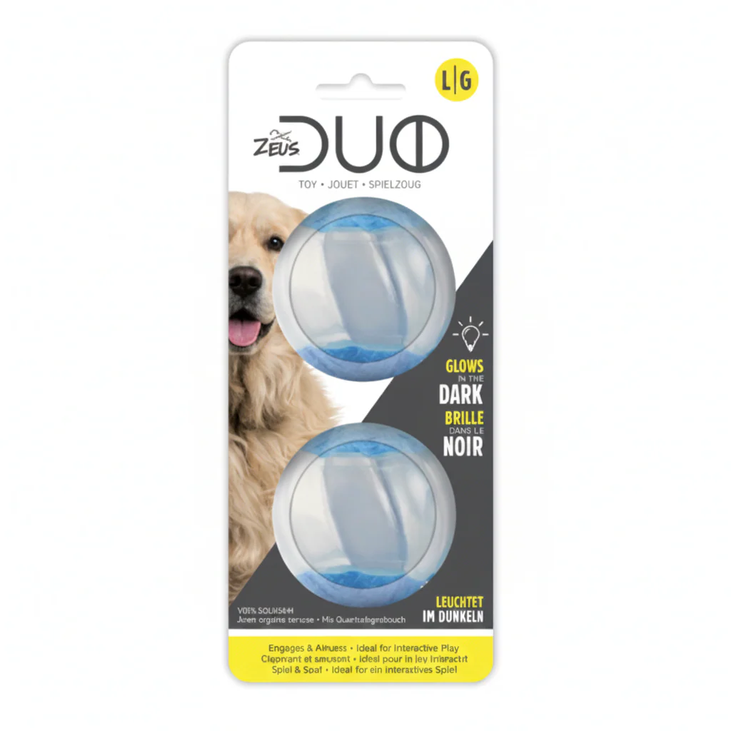 Zeus Duo Ball, 6.3cm with Squeaker & Glow, 2pk